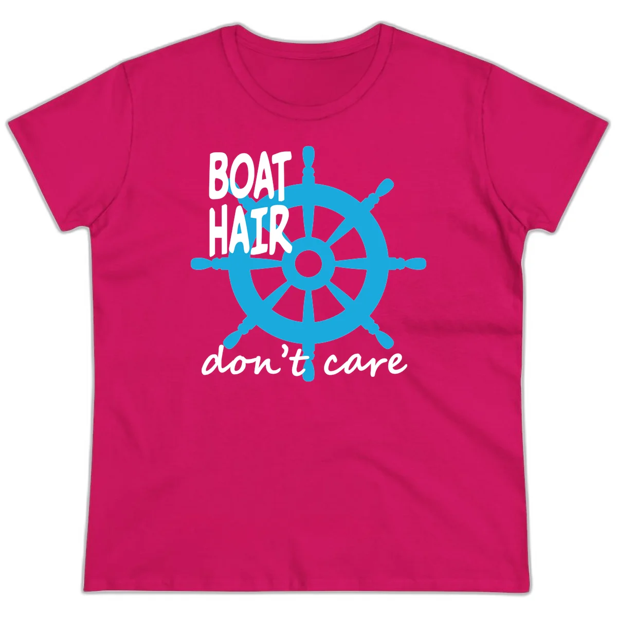 Boat Hair Don't Care Nautical Wheel Ladies Tee in Heliconia