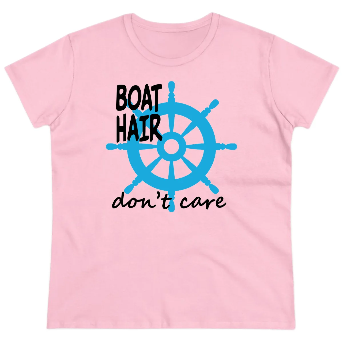 Boat Hair Don't Care Nautical Wheel Ladies Tee in Light Pink