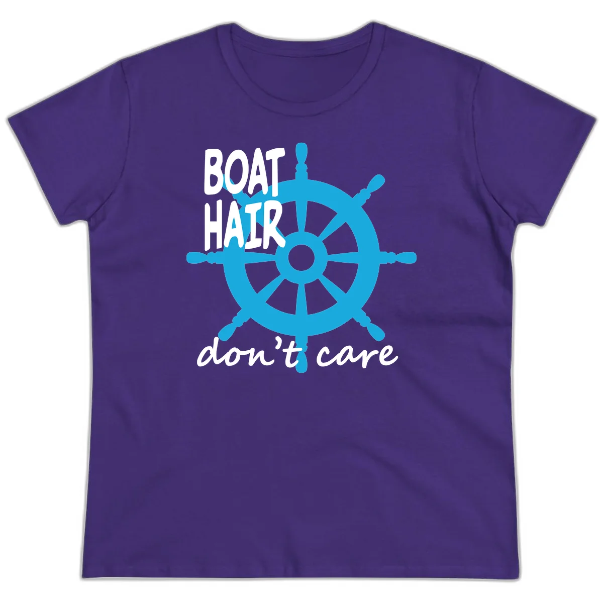 Boat Hair Don't Care Nautical Wheel Ladies Tee in Purple