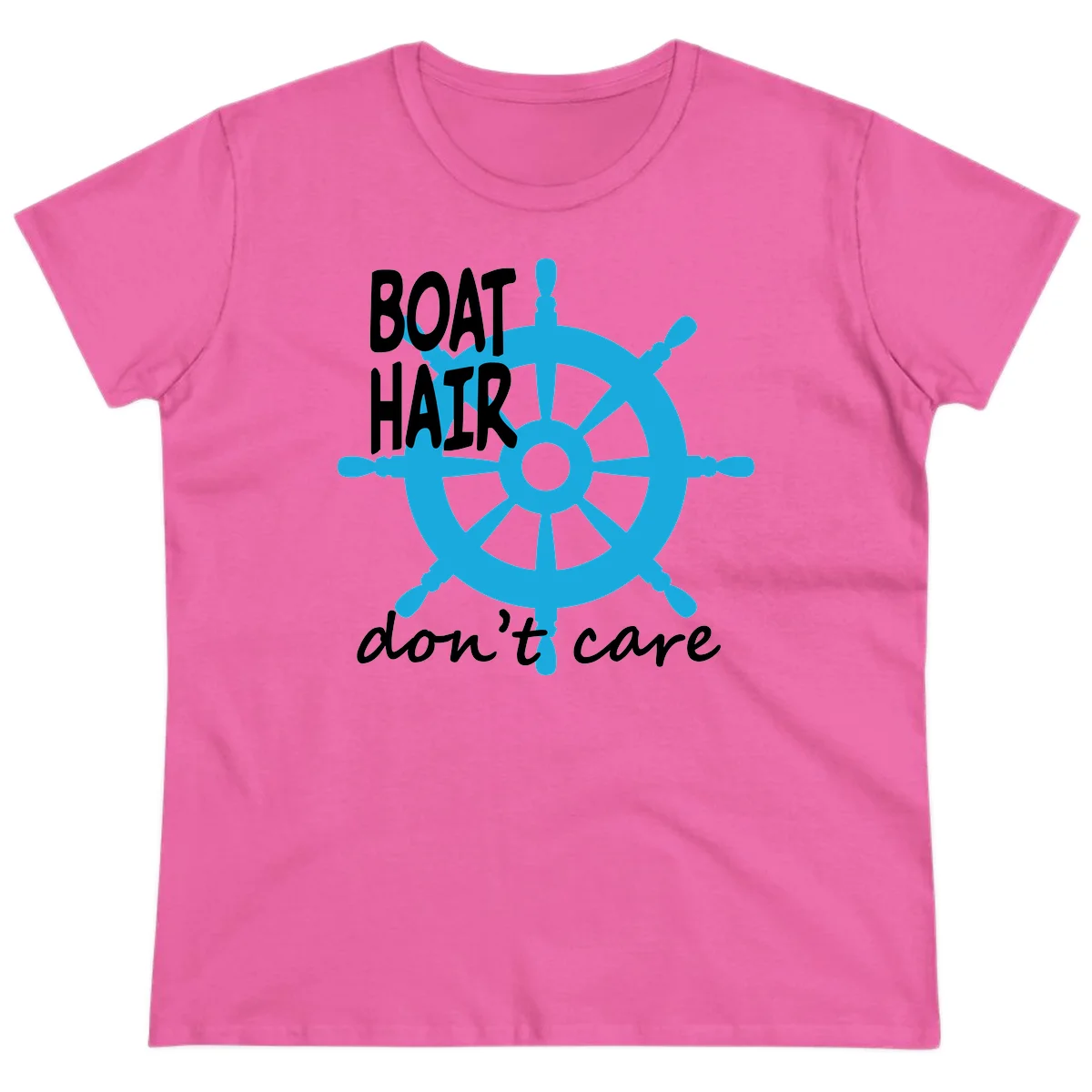 Boat Hair Don't Care Nautical Wheel Ladies Tee in Azalea