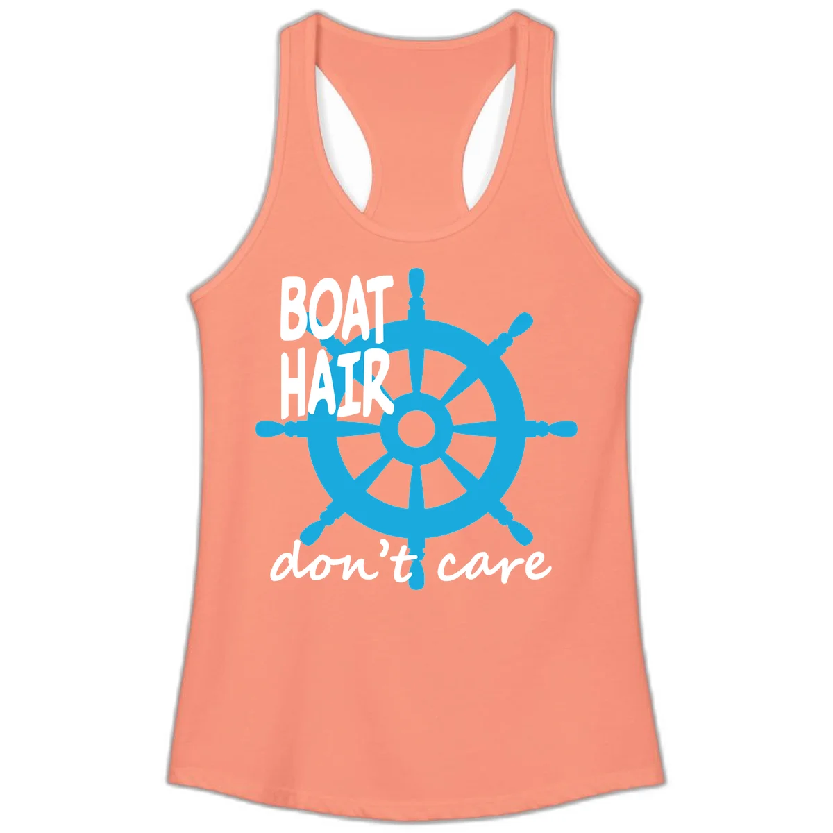 Boat Hair Don't Care Nautical Wheel Ladies Tank in Solid Light Orange
