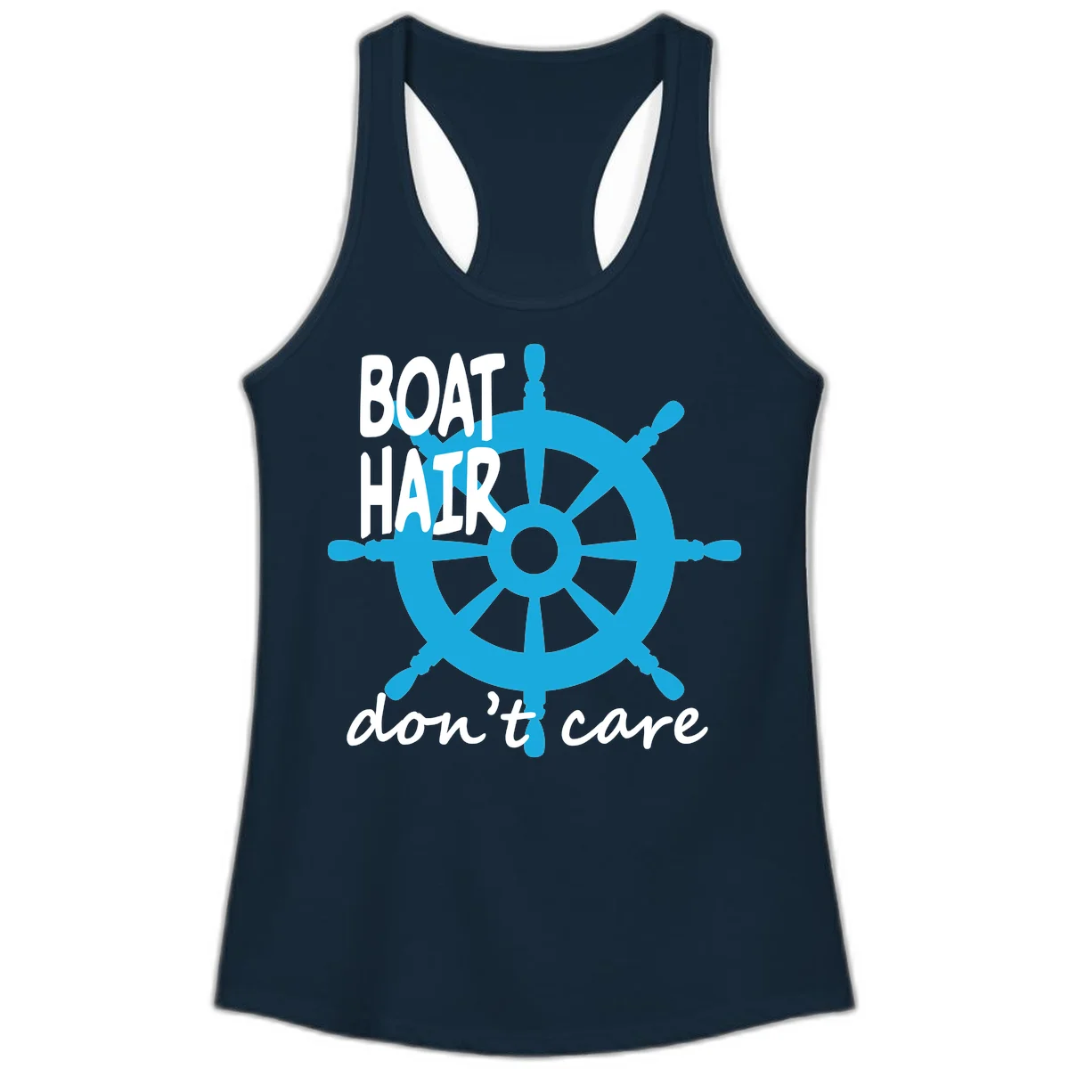 Boat Hair Don't Care Nautical Wheel Ladies Tank in Solid Midnight Navy