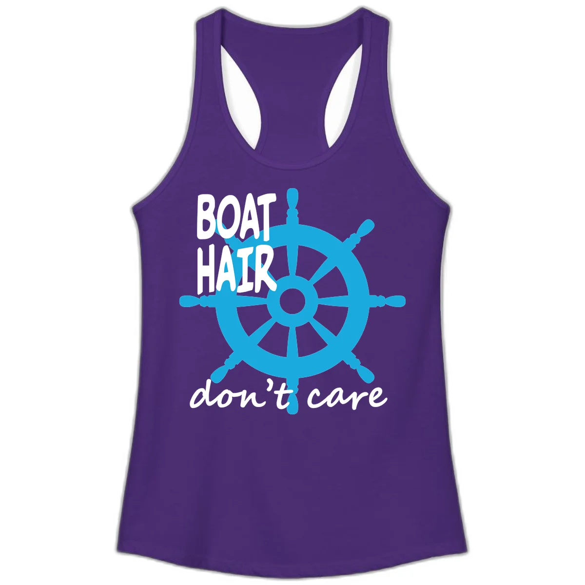 Boat Hair Don't Care Nautical Wheel Ladies Tank in Solid Purple Rush