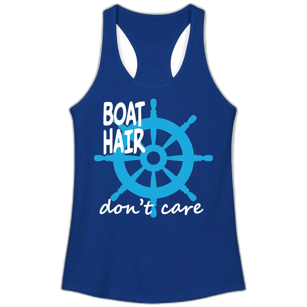 Boat Hair Don't Care Nautical Wheel Ladies Tank in Solid Royal