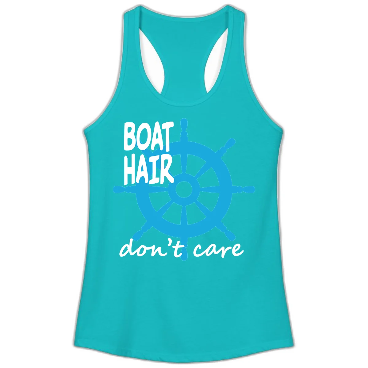 Boat Hair Don't Care Nautical Wheel Ladies Tank in Tahiti Blue