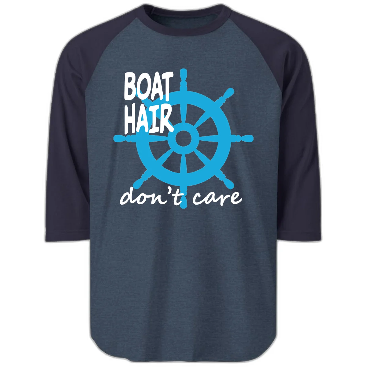 Boat Hair Don't Care Nautical Wheel Raglan 3/4 in Heather Denim Navy