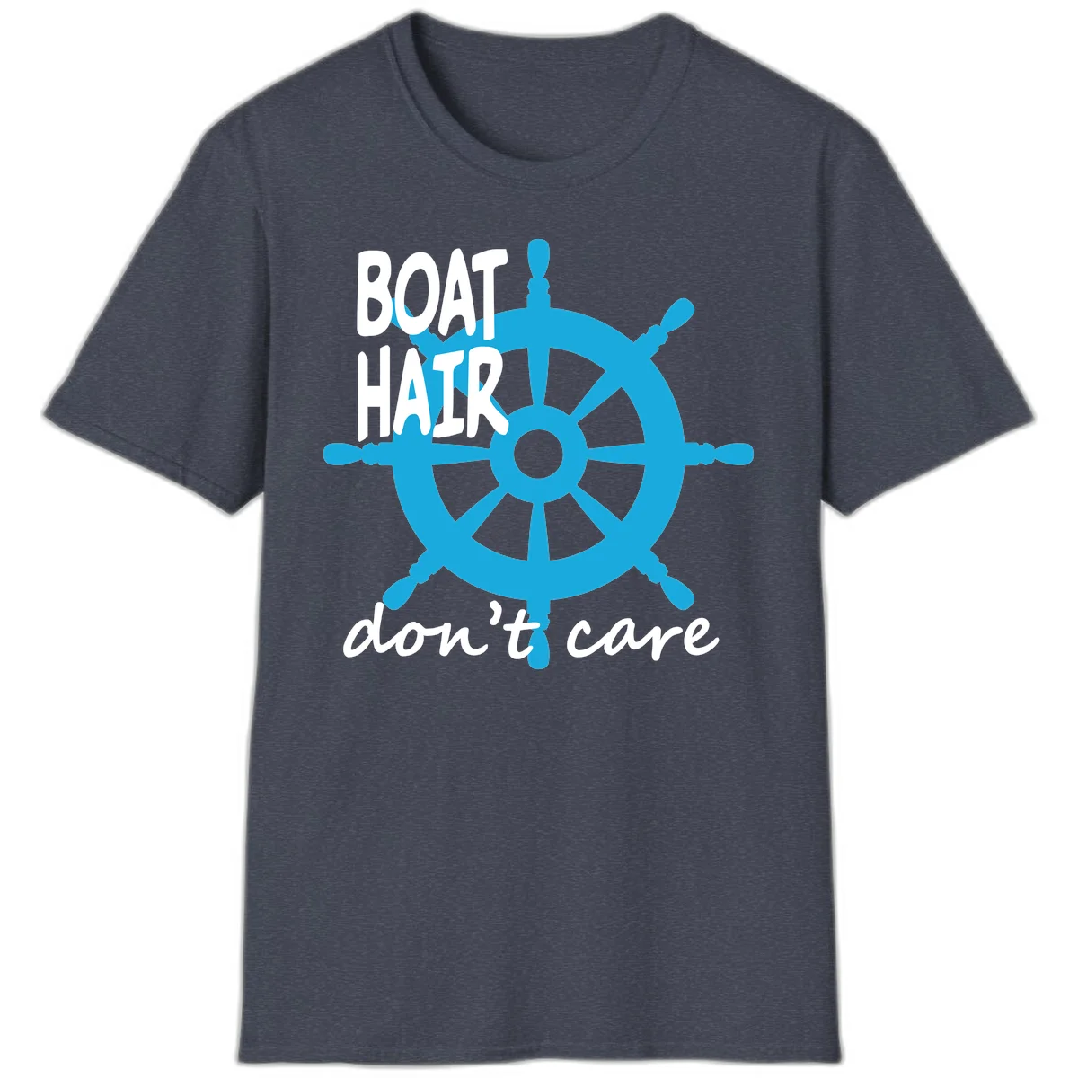 Boat Hair Don't Care Nautical Wheel T-Shirt in Heather Navy