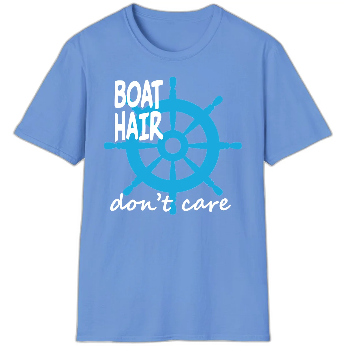 Boat Hair Don't Care Nautical Wheel T-Shirt in Carolina Blue