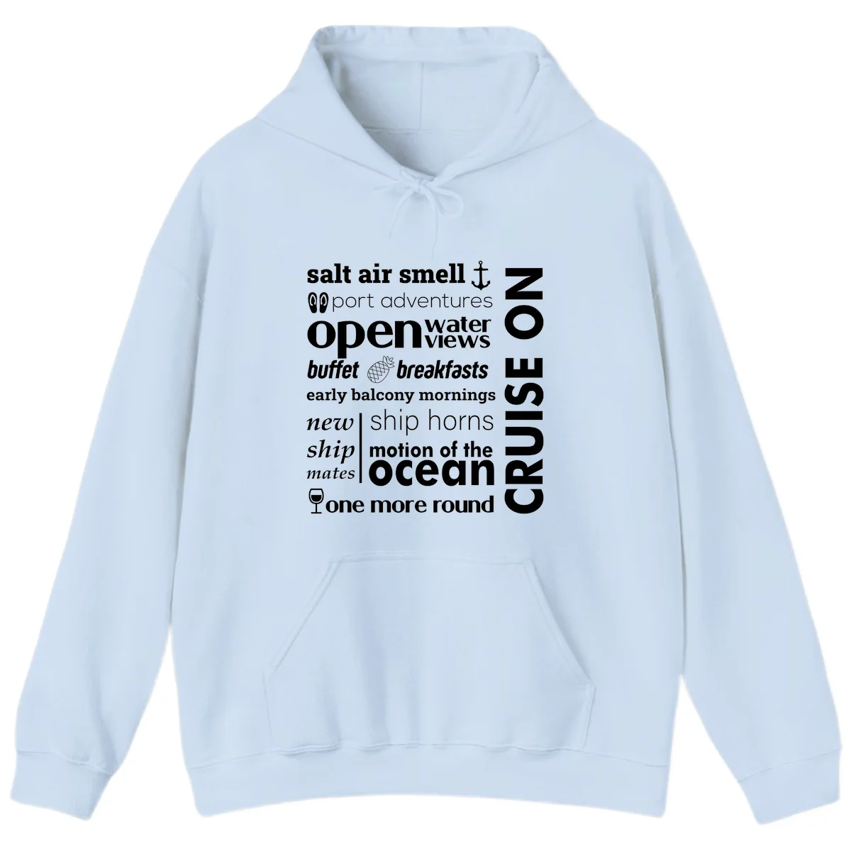 Cruise Vibes Word Cloud Design Hoodie in Light Blue