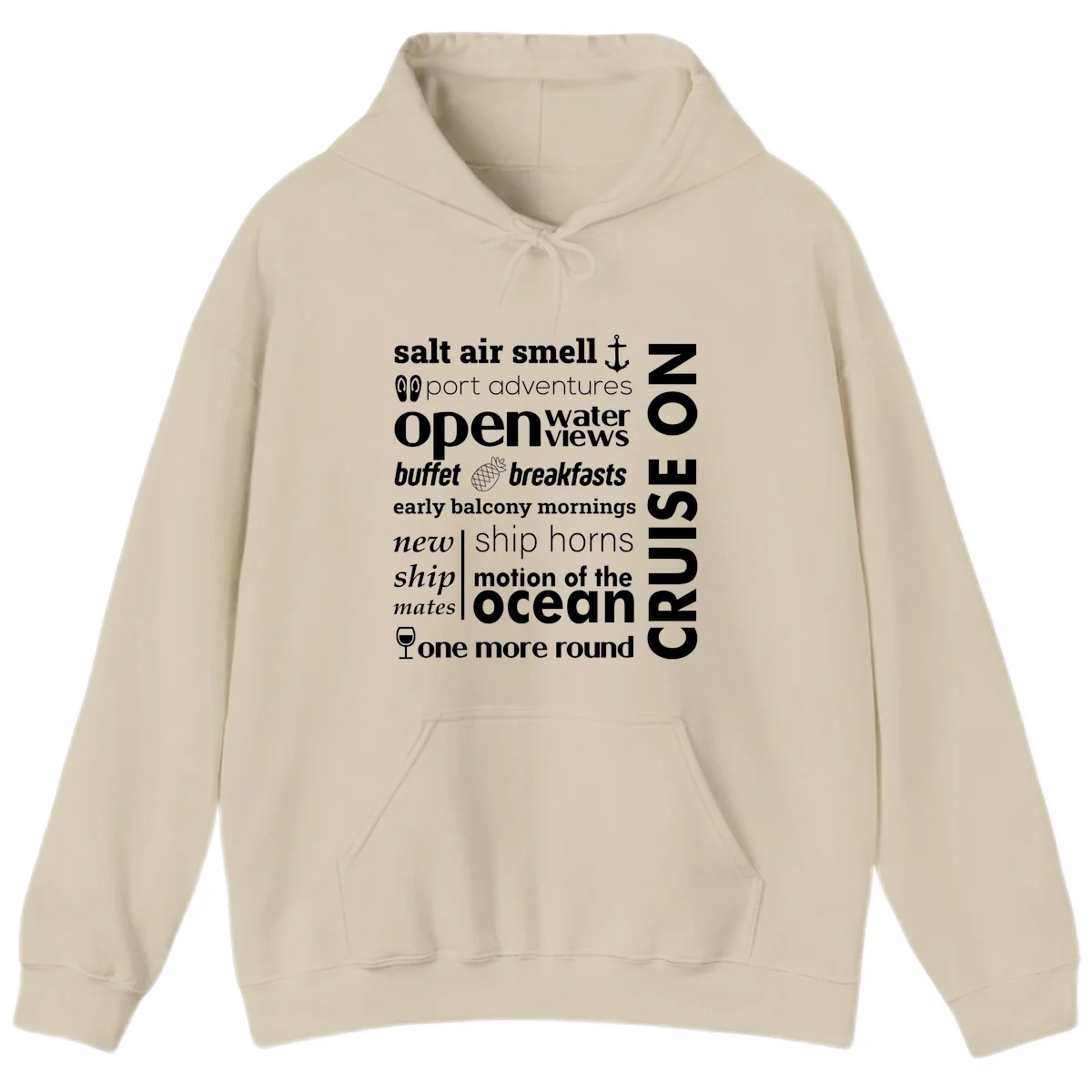 Cruise Vibes Word Cloud Design Hoodie in Sand