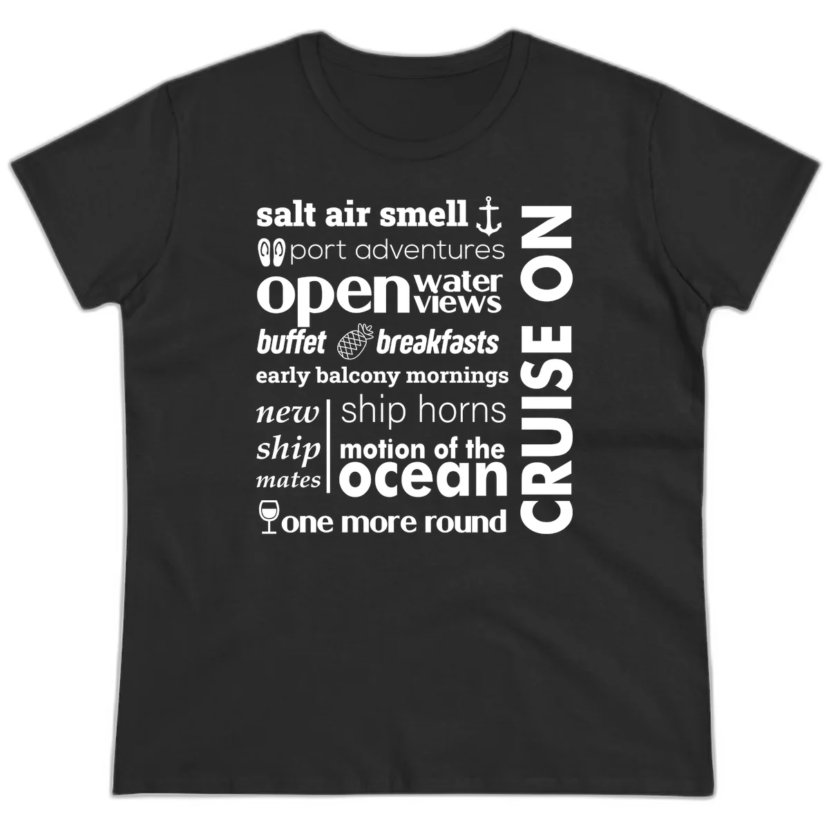 Cruise Vibes Word Cloud Design Ladies Tee in Black