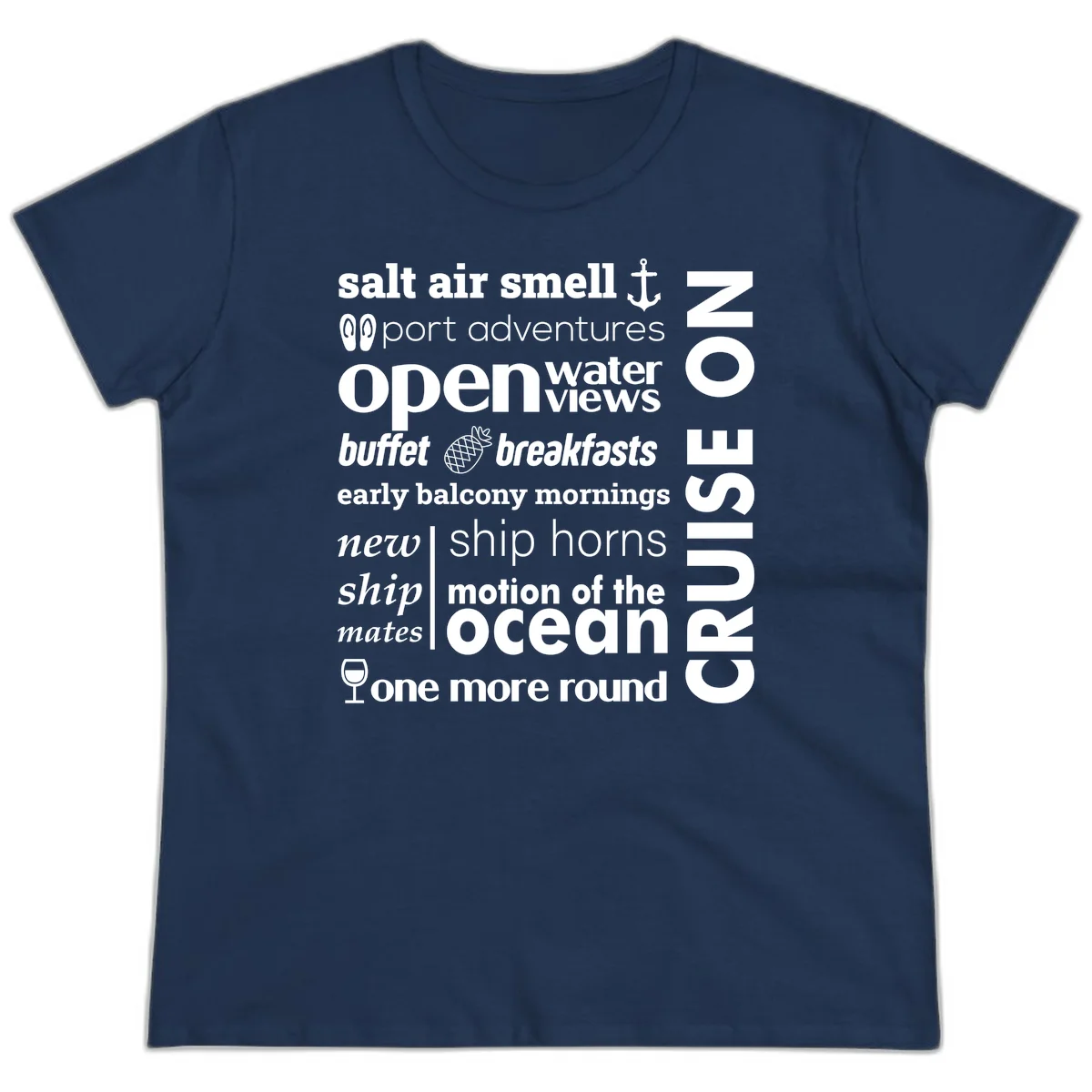 Cruise Vibes Word Cloud Design Ladies Tee in Navy