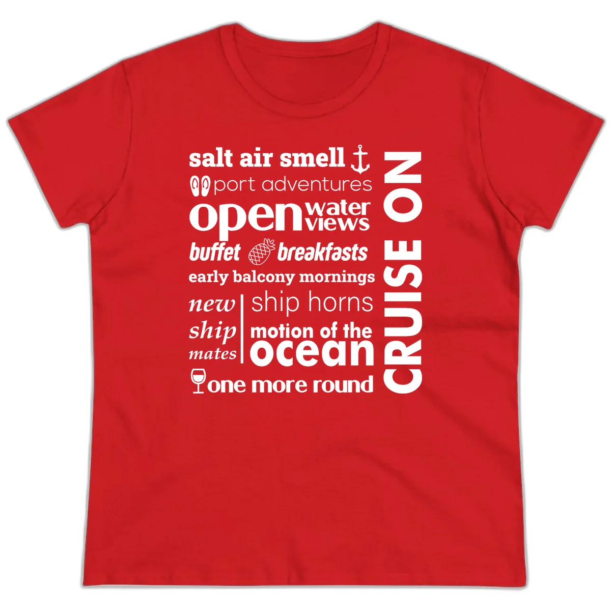 Cruise Vibes Word Cloud Design Ladies Tee in Red