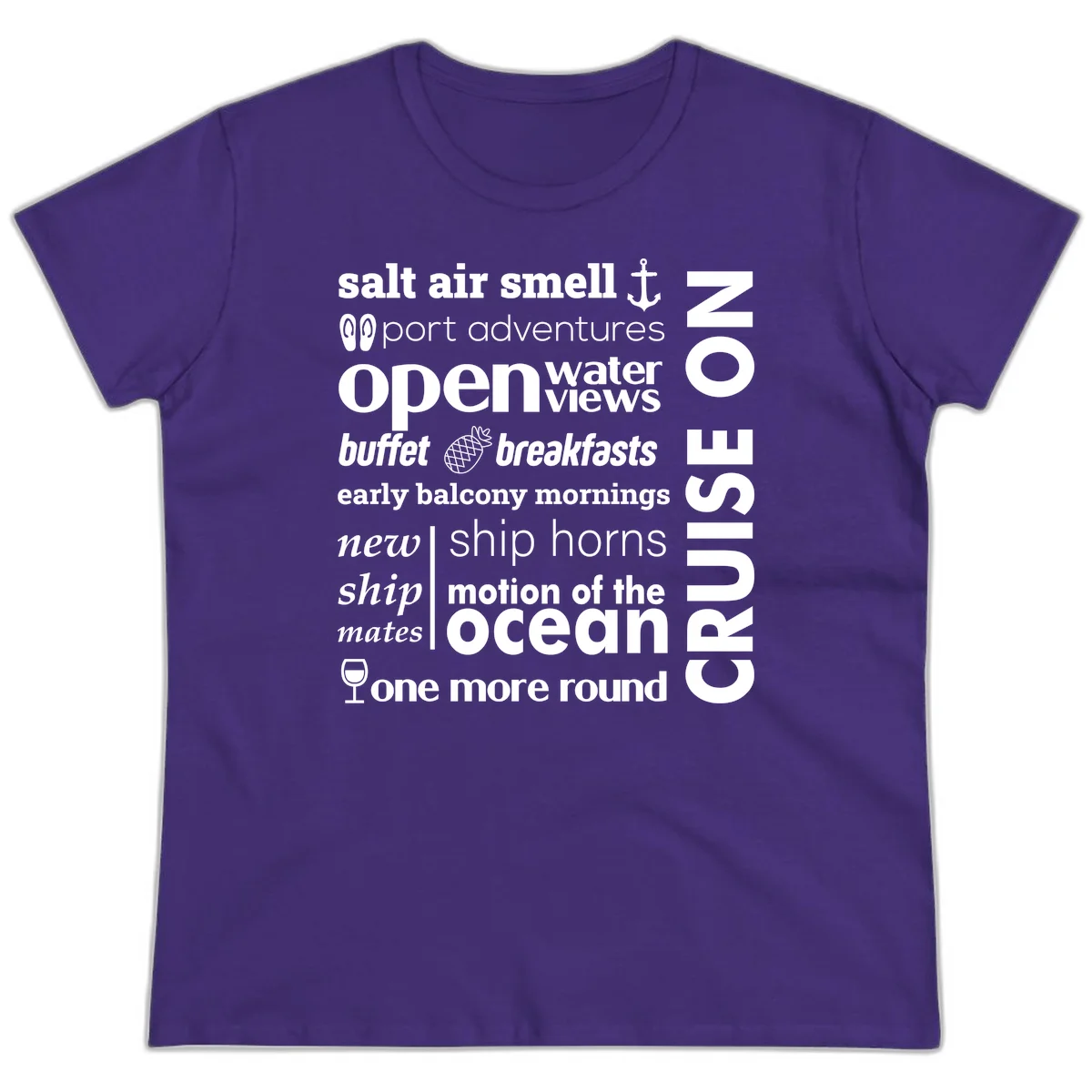 Cruise Vibes Word Cloud Design Ladies Tee in Purple