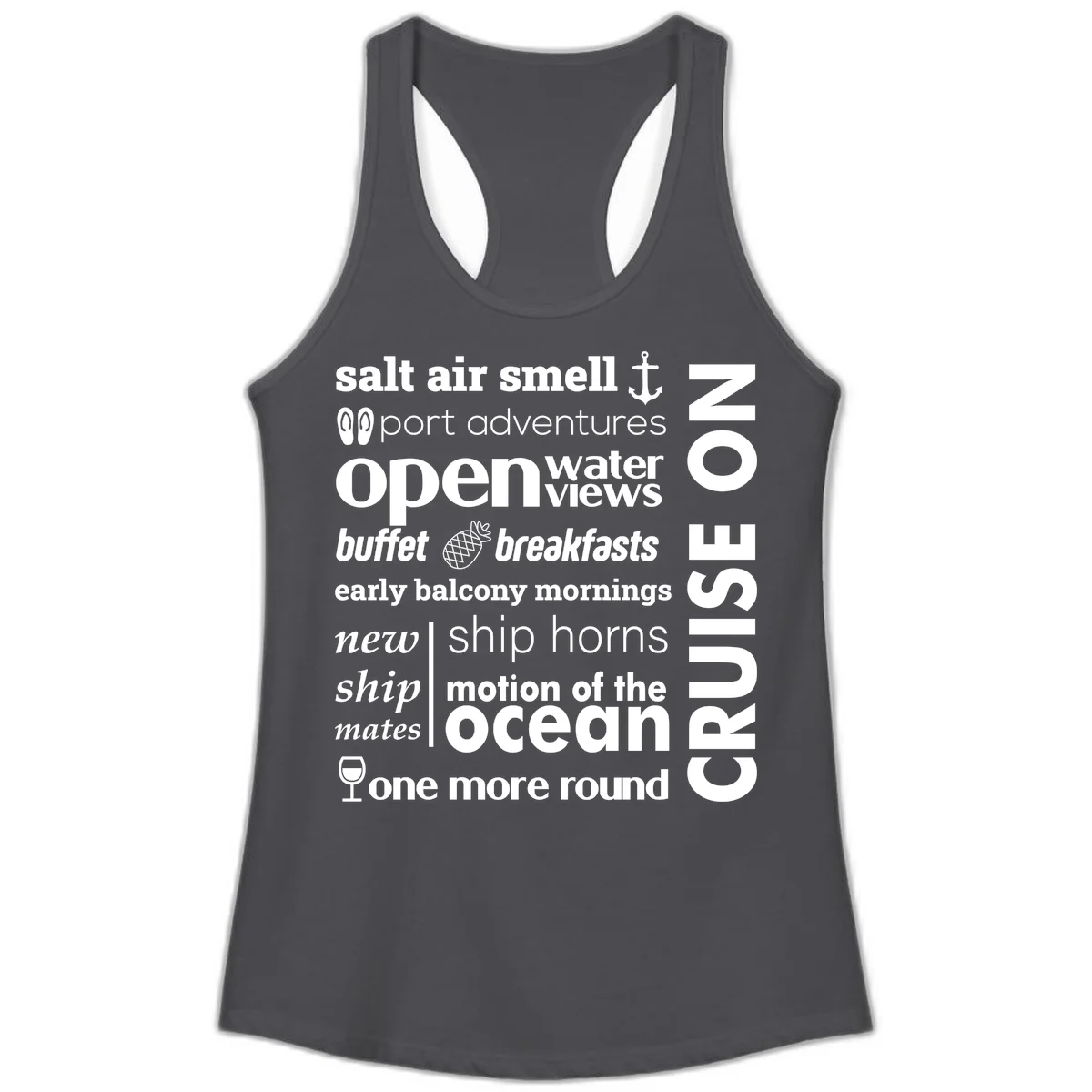 Cruise Vibes Word Cloud Design Ladies Tank in Solid Dark Gray