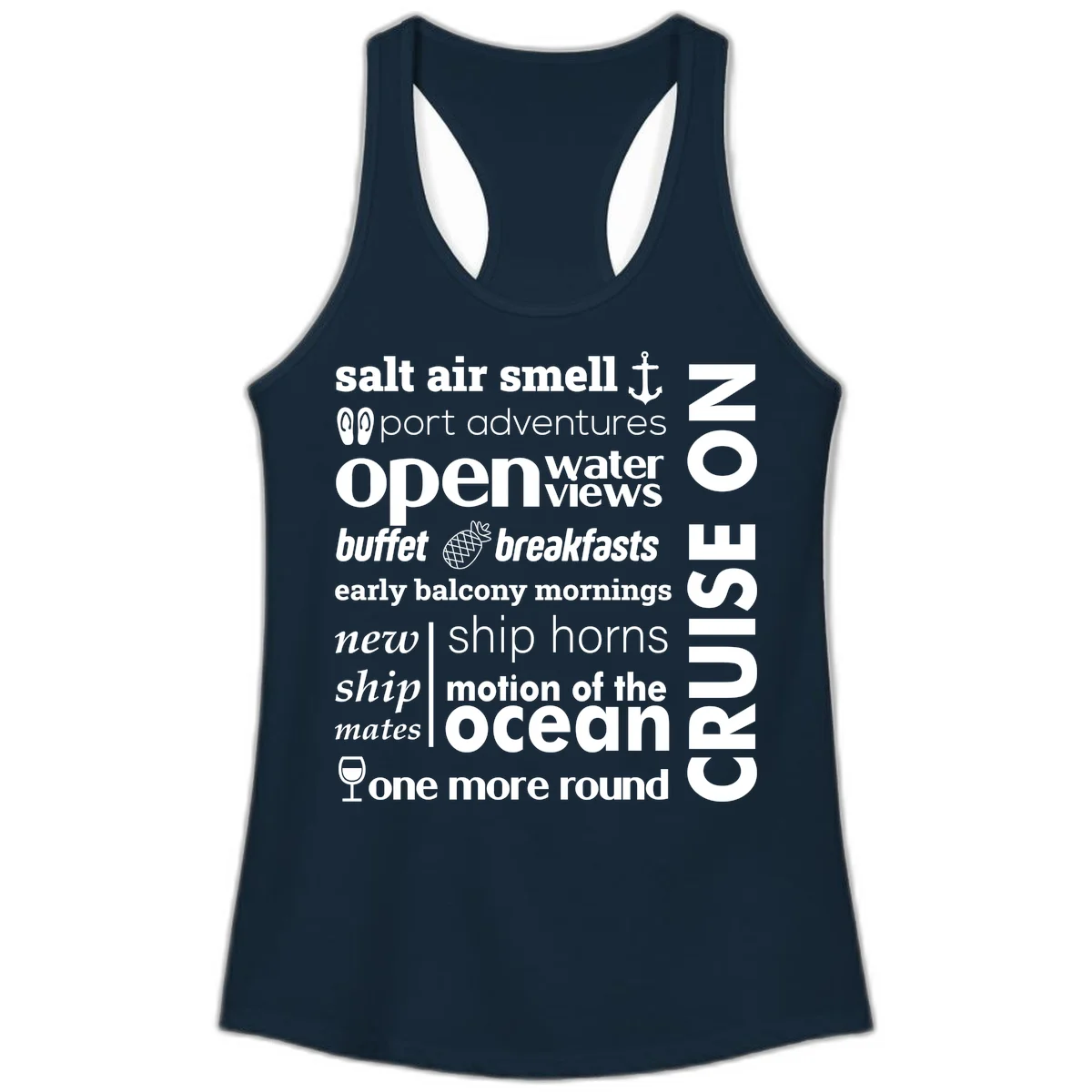 Cruise Vibes Word Cloud Design Ladies Tank in Solid Midnight Navy