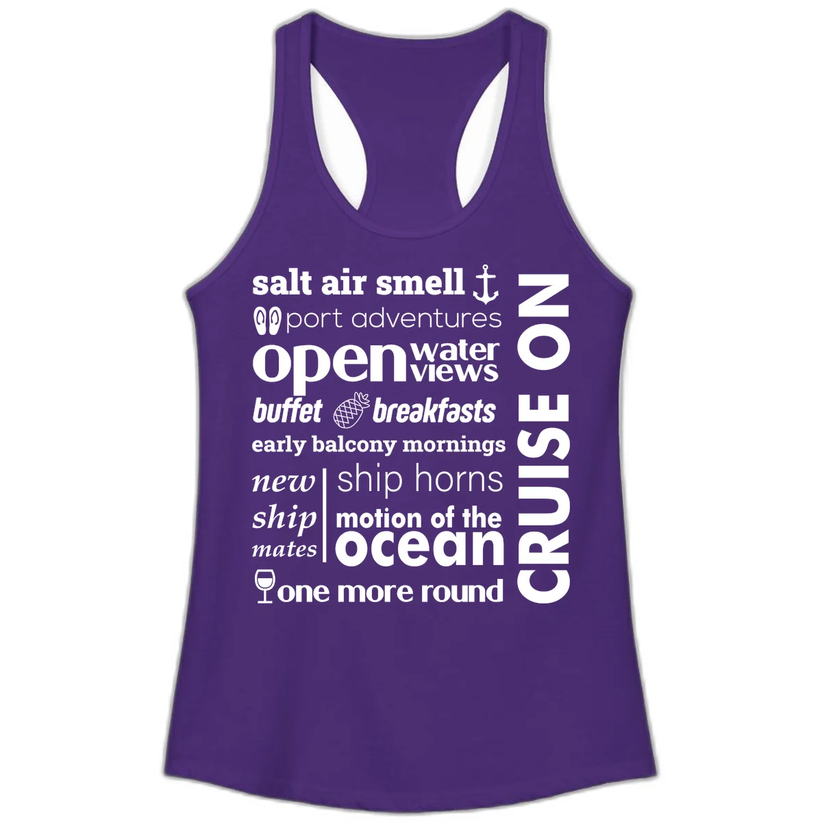 Cruise Vibes Word Cloud Design Ladies Tank in Solid Purple Rush