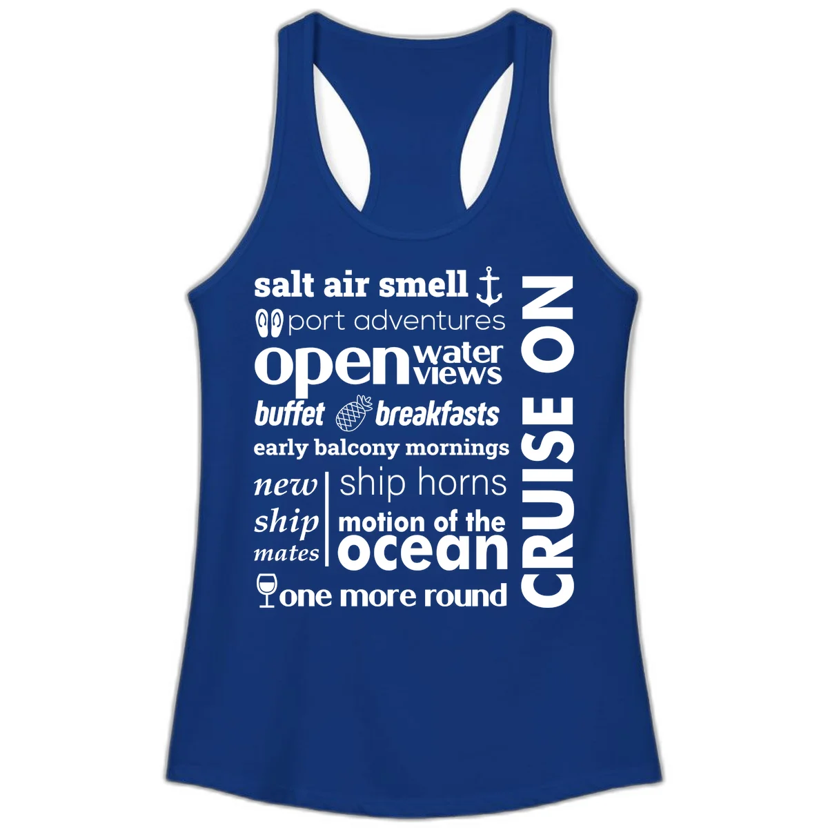 Cruise Vibes Word Cloud Design Ladies Tank in Solid Royal
