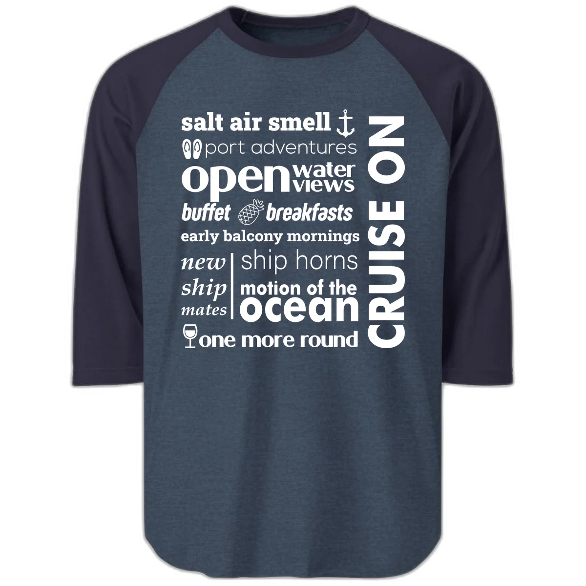 Cruise Vibes Word Cloud Design Raglan 3/4 in Heather Denim Navy