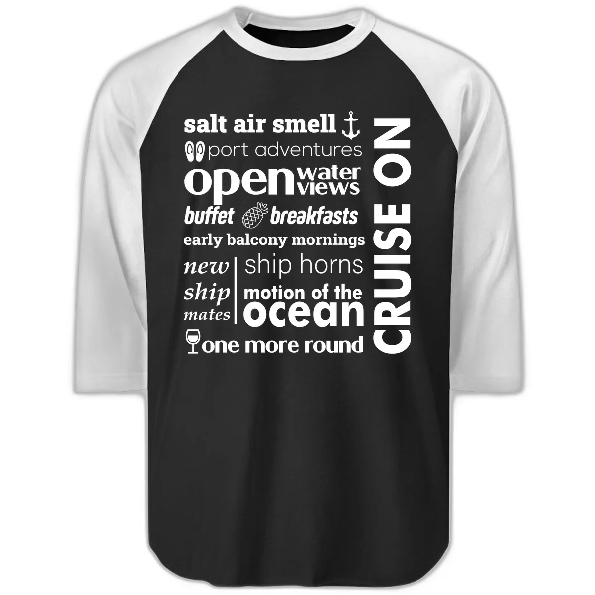 Cruise Vibes Word Cloud Design Raglan 3/4 in Black White