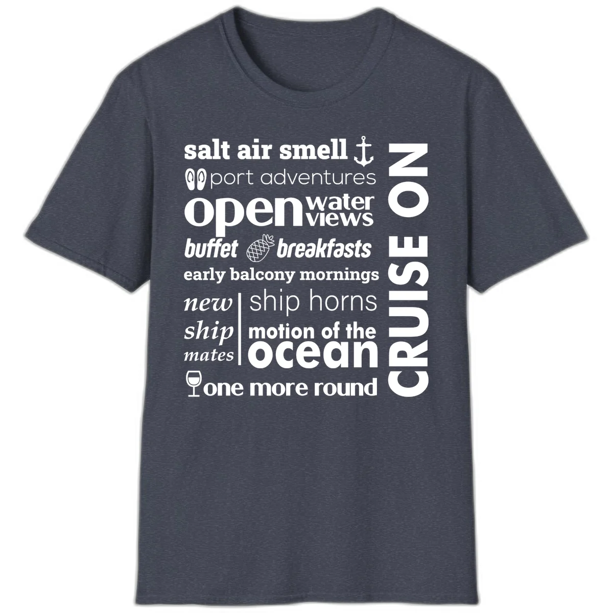 Cruise Vibes Word Cloud Design T-Shirt in Heather Navy