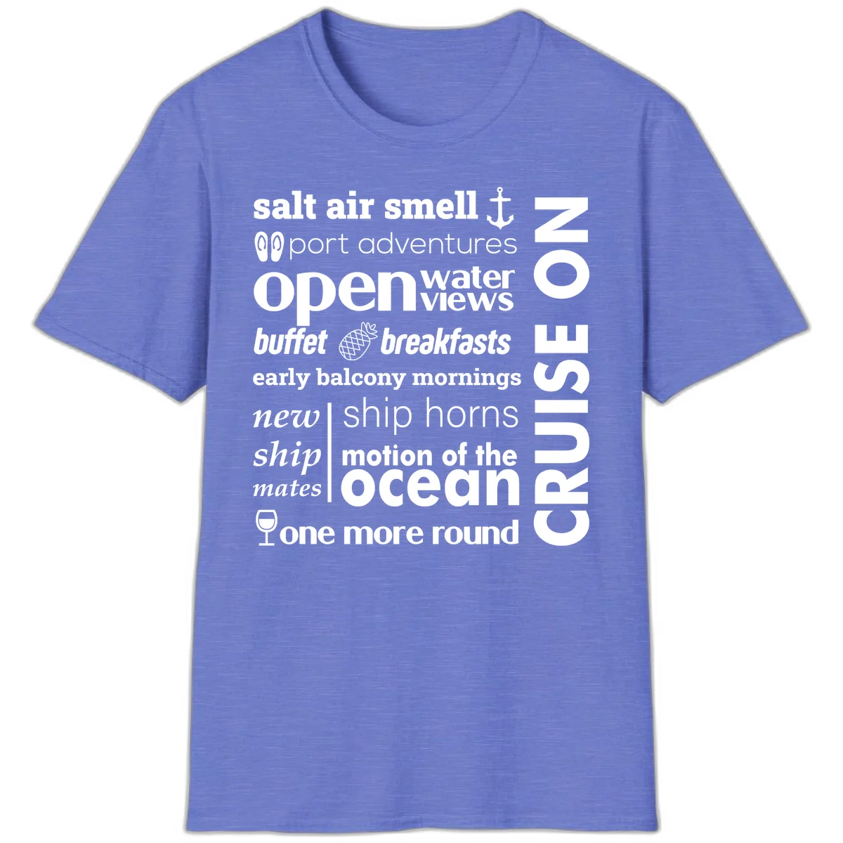 Cruise Vibes Word Cloud Design T-Shirt in Heather Royal
