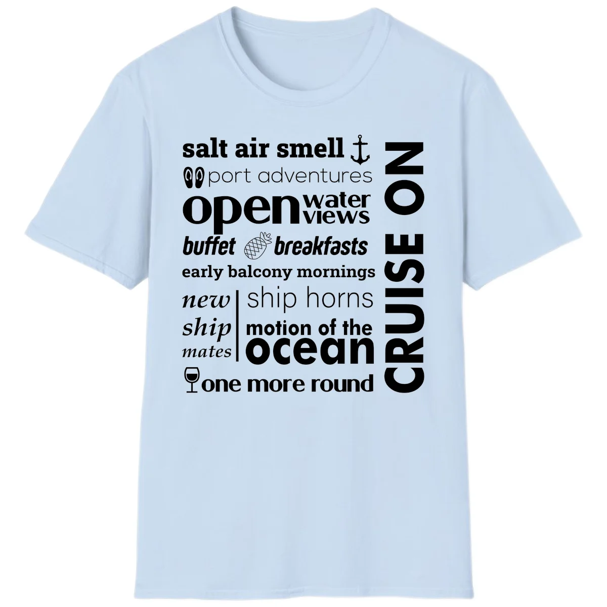 Cruise Vibes Word Cloud Design T-Shirt in Light Blue