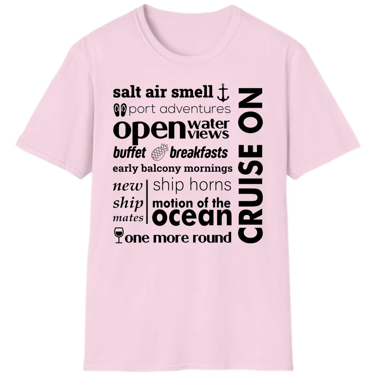 Cruise Vibes Word Cloud Design T-Shirt in Light Pink