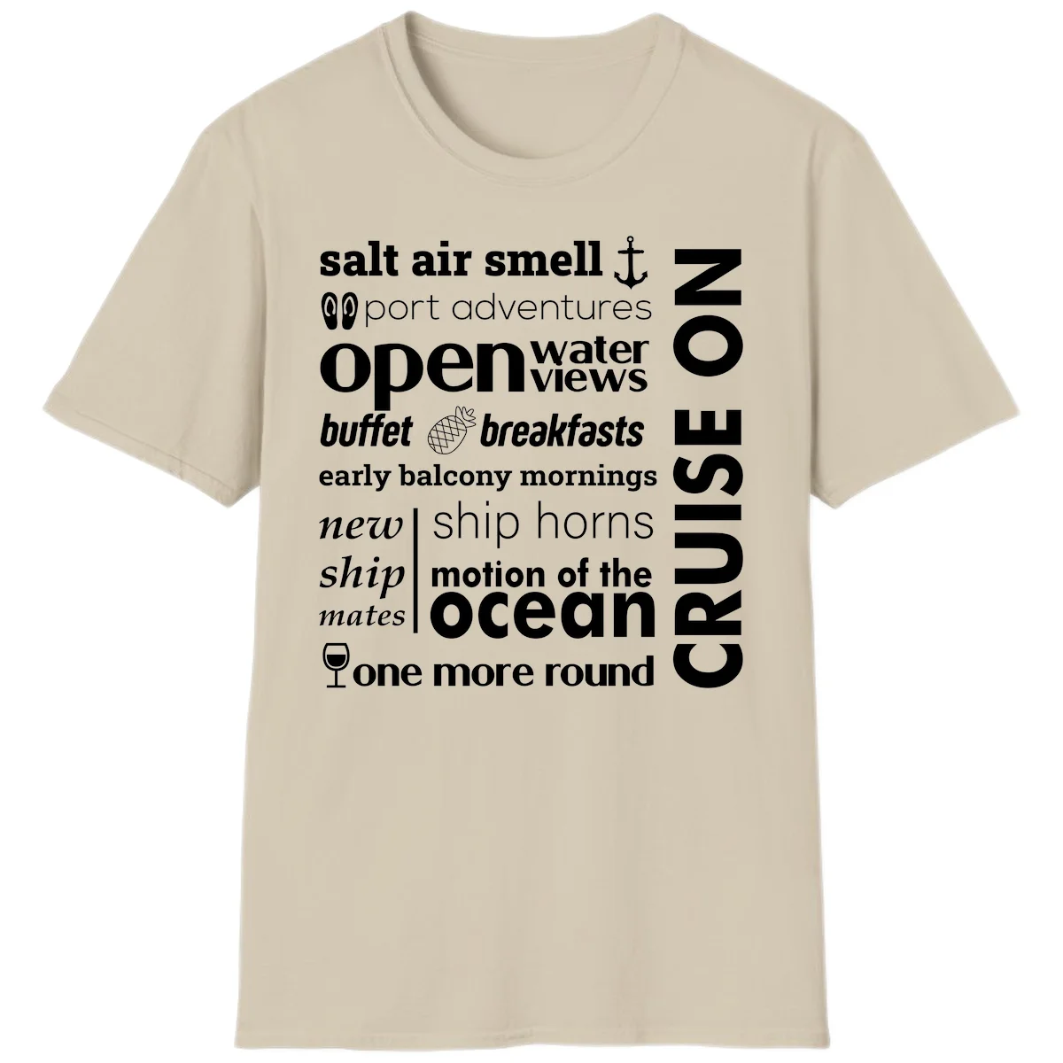 Cruise Vibes Word Cloud Design T-Shirt in Sand