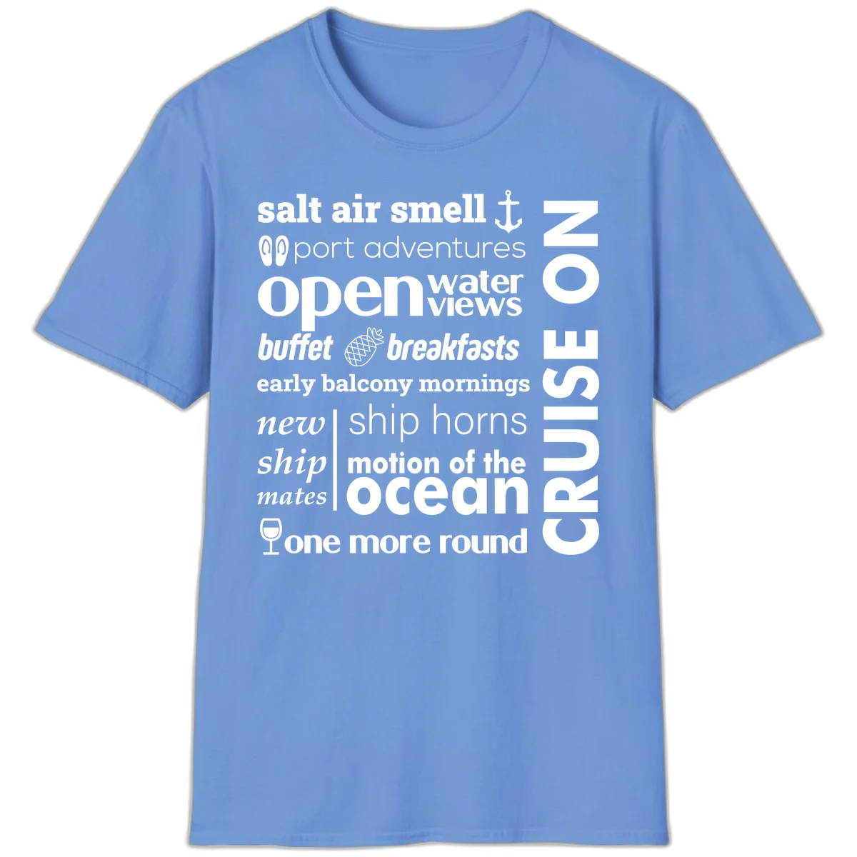 Cruise Vibes Word Cloud Design T-Shirt in Carolina Blue