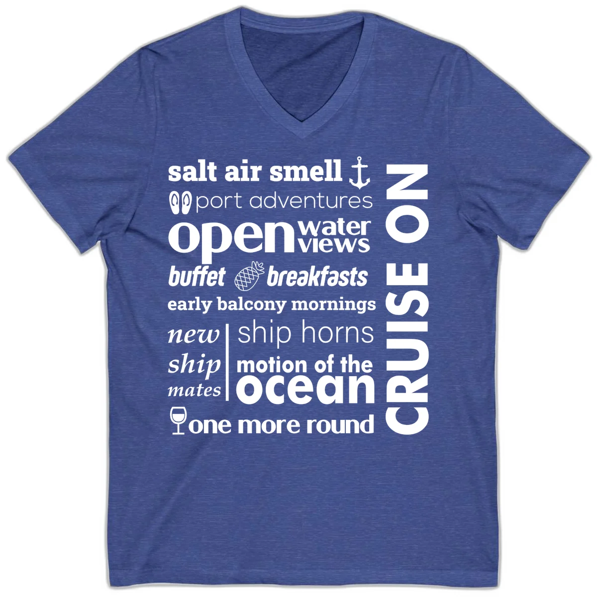 Cruise Vibes Word Cloud Design V-Neck in Heather True Royal