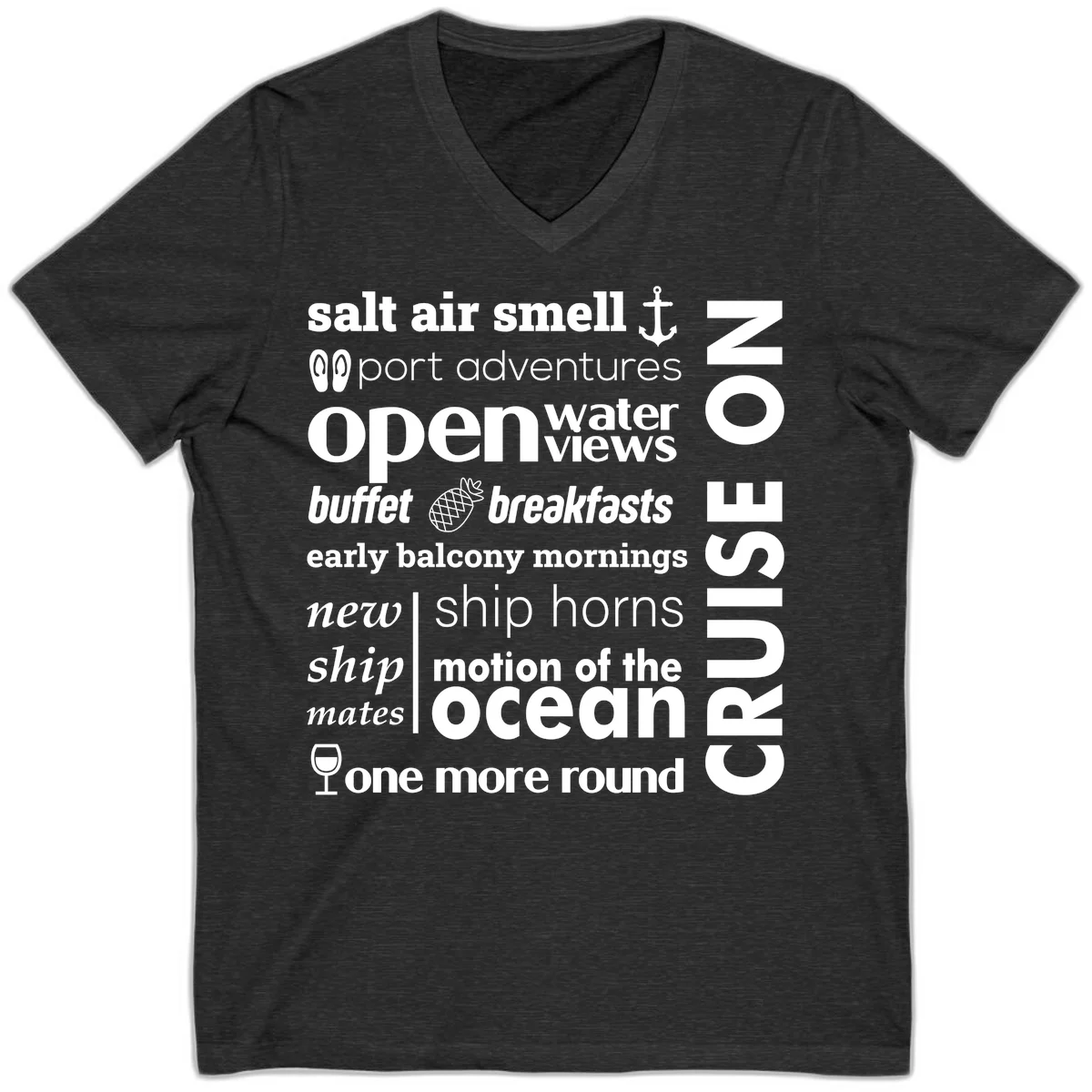 Cruise Vibes Word Cloud Design V-Neck in Dark Grey Heather