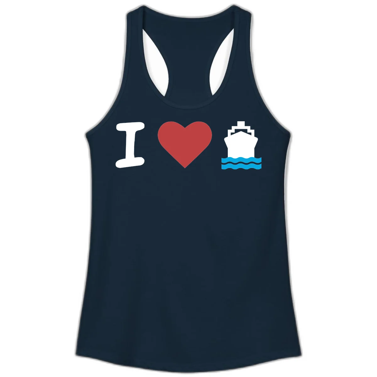 I Love Cruise Ships Fun Ladies Tank Top in Solid Midnight Navy