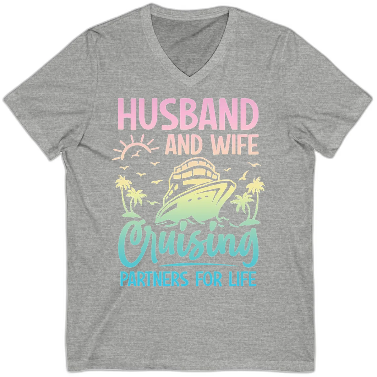 Husband And Wife Cruising Partners For Life V-Neck in Athletic Heather