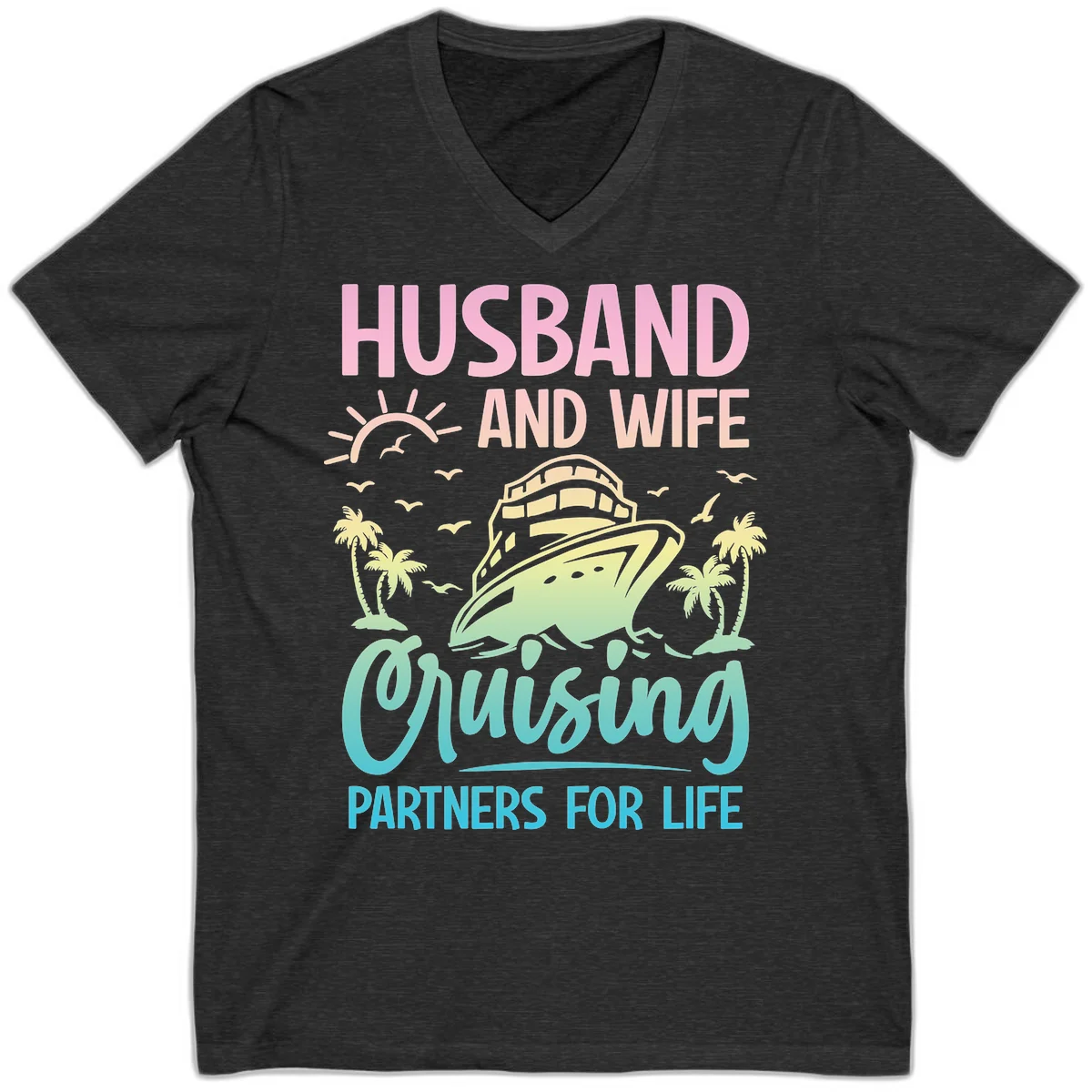 Husband And Wife Cruising Partners For Life V-Neck in Dark Grey Heather