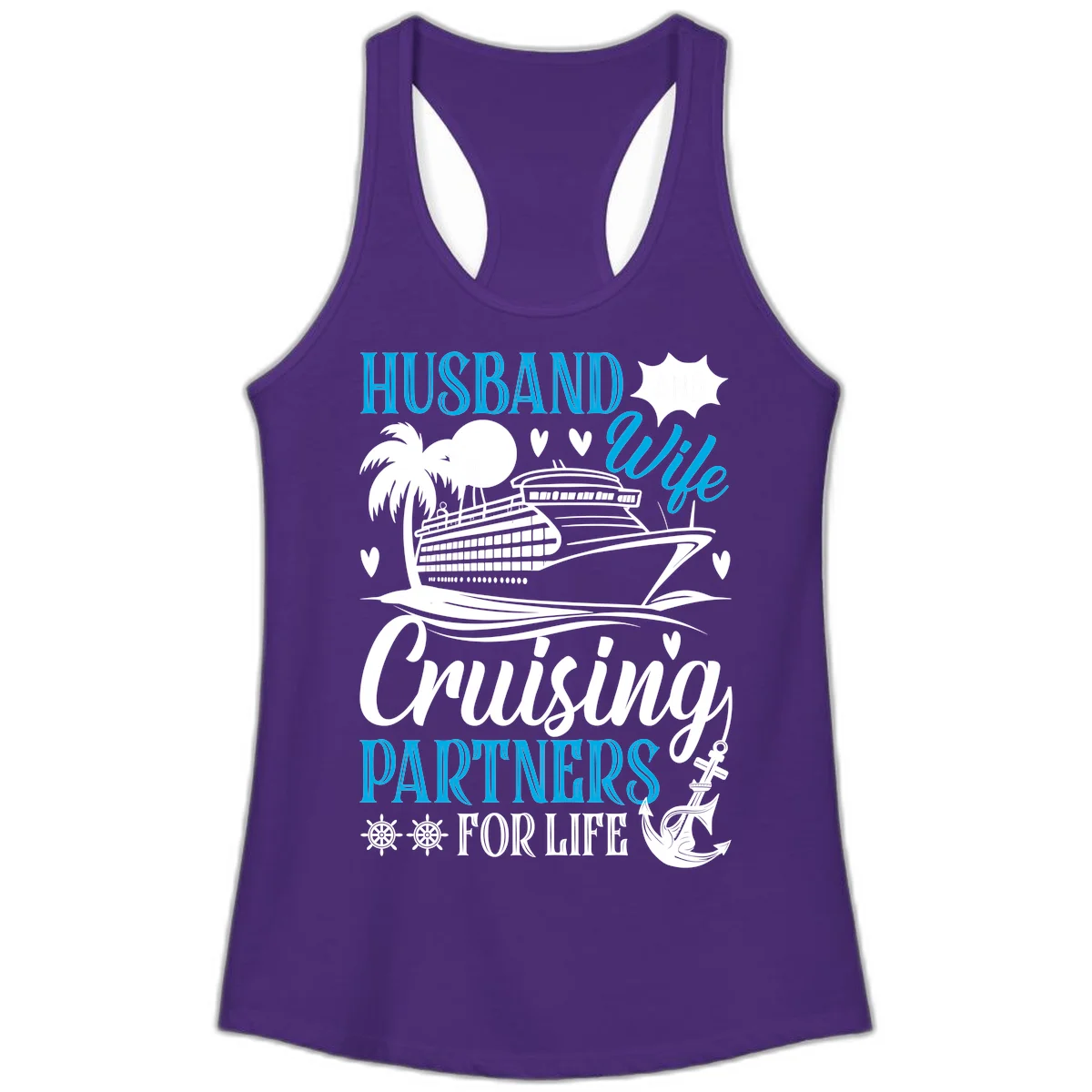 Husband and Wife Cruising Partners For Life Ladies Tank in Solid Purple Rush
