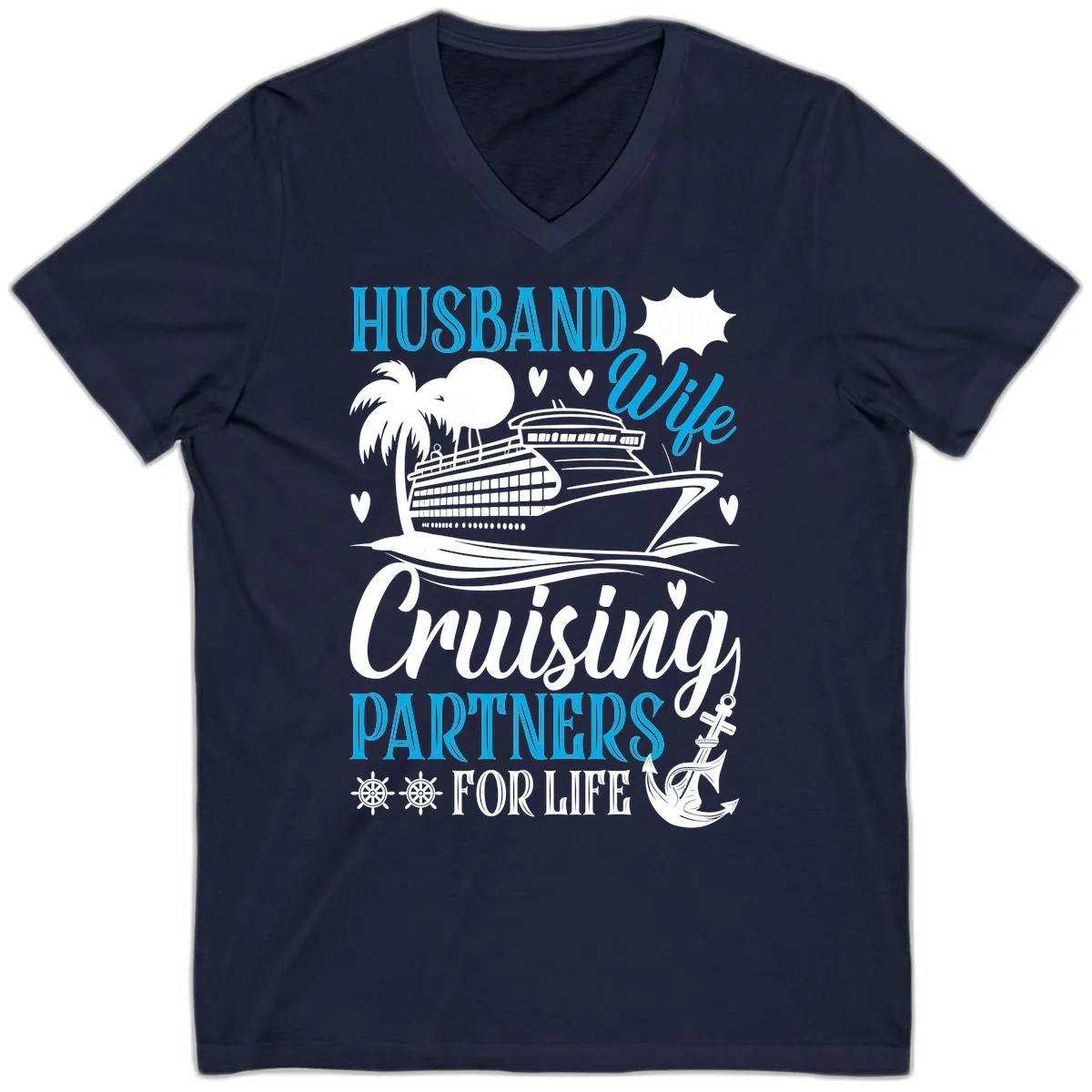 Husband and Wife Cruising Partners For Life V-Neck in Navy