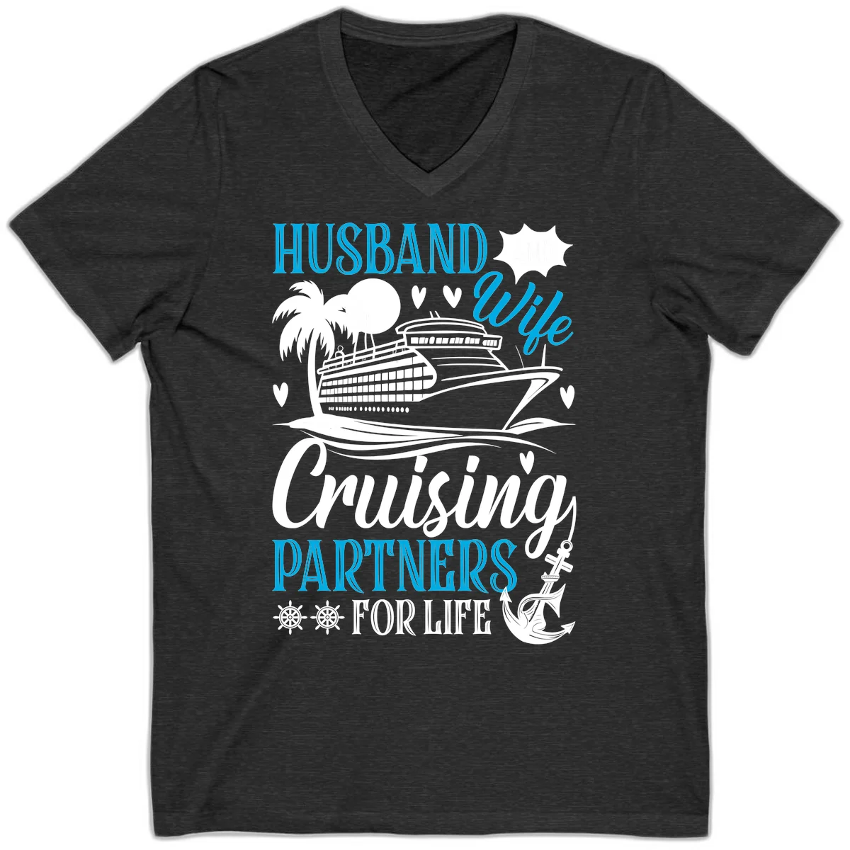 Husband and Wife Cruising Partners For Life V-Neck in Dark Grey Heather