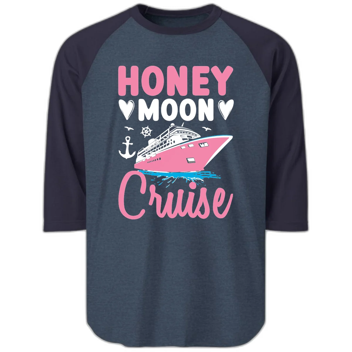 Honeymoon Cruise Raglan 3/4 Sleeve Tee in Heather Denim Navy