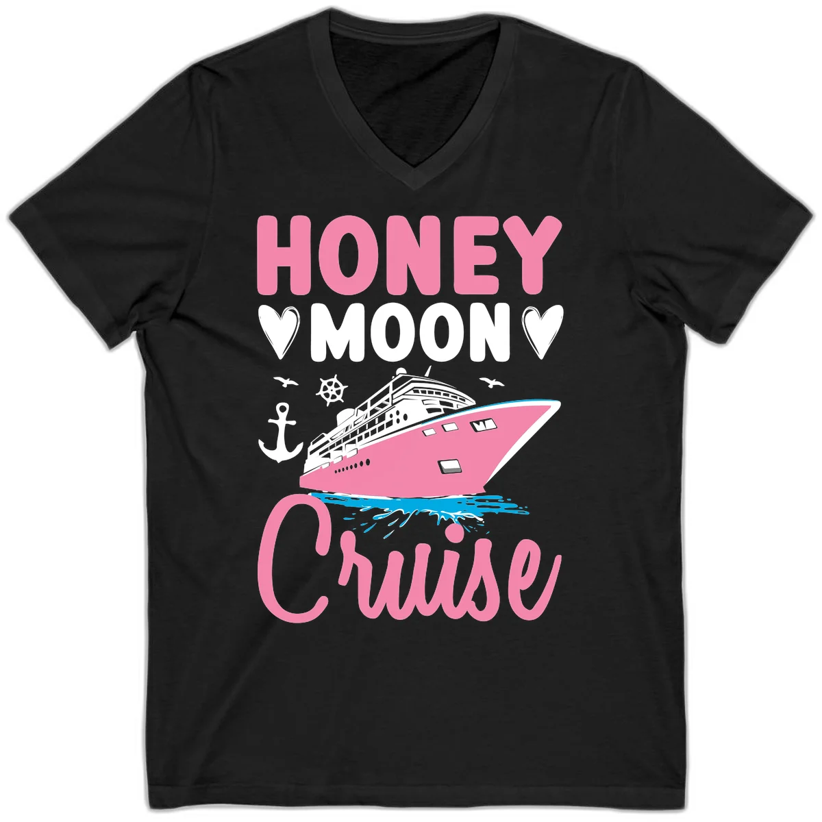 Honeymoon Cruise V-Neck T-Shirt for Newlyweds in Black