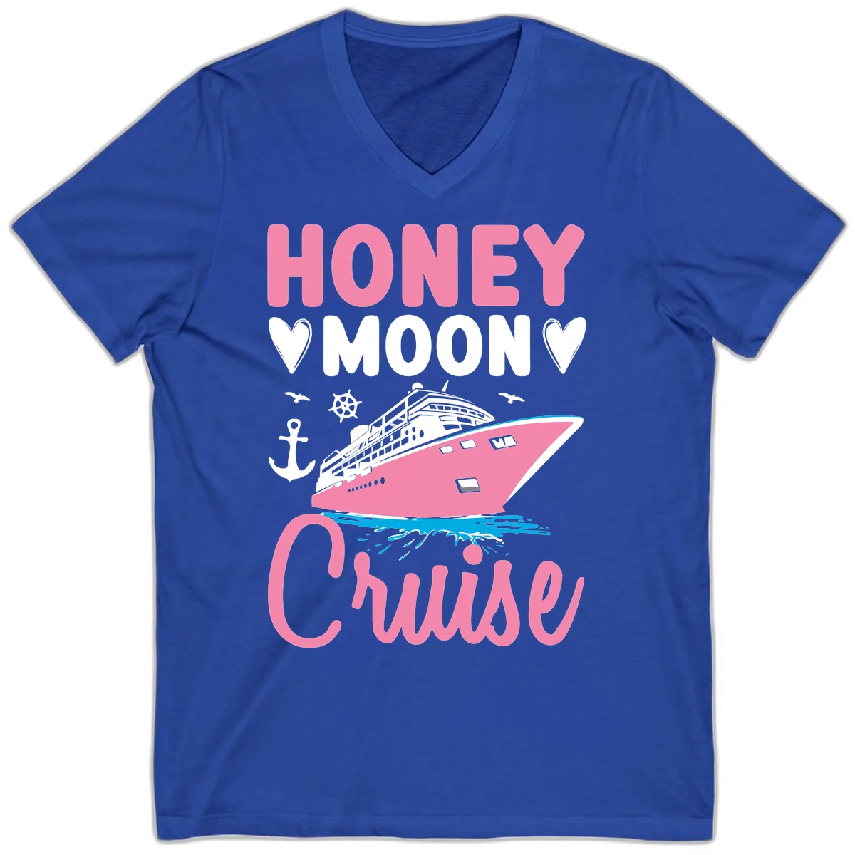 Honeymoon Cruise V-Neck T-Shirt for Newlyweds in True Royal