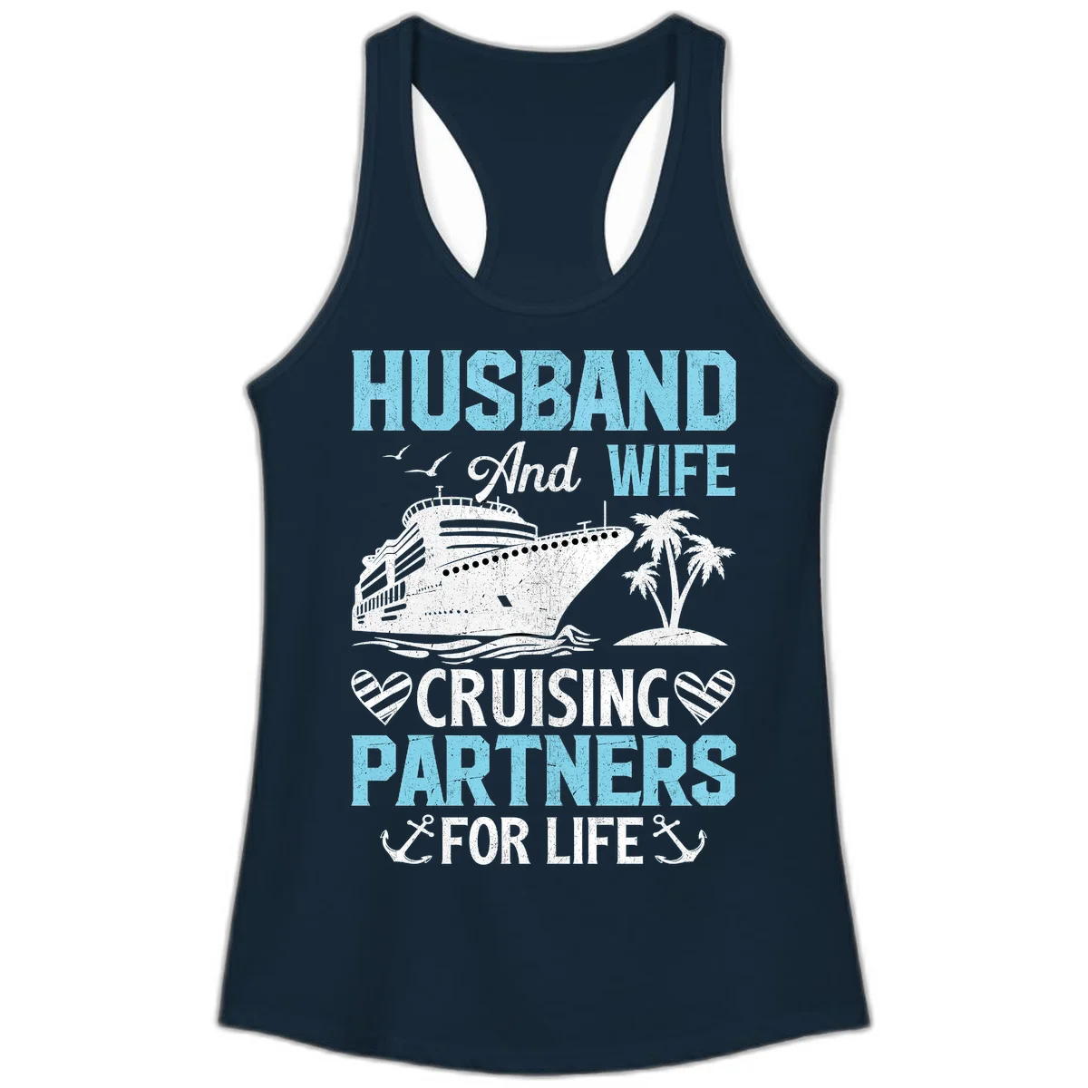 Husband And Wife Cruising Partners For Life Ladies Tank in Solid Midnight Navy