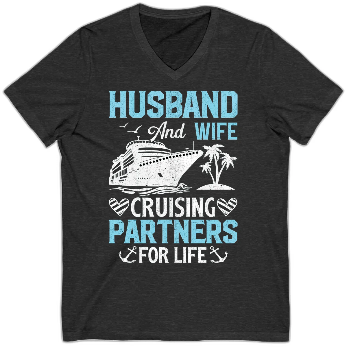 Husband And Wife Cruising Partners For Life V-Neck in Dark Grey Heather