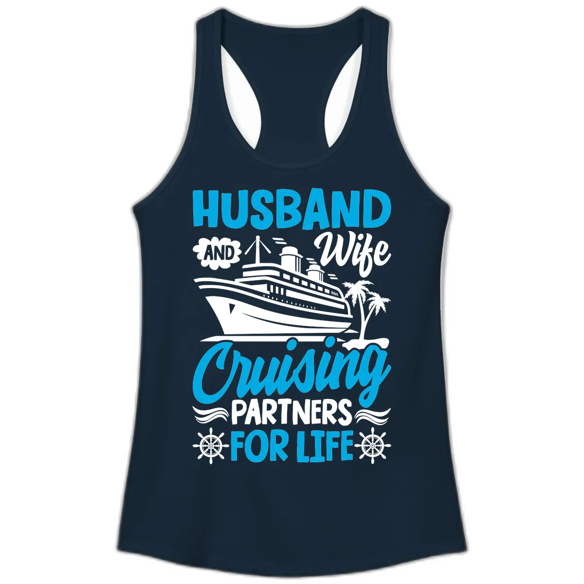 Husband And Wife Cruising Partners For Life Ladies Tank in Solid Midnight Navy