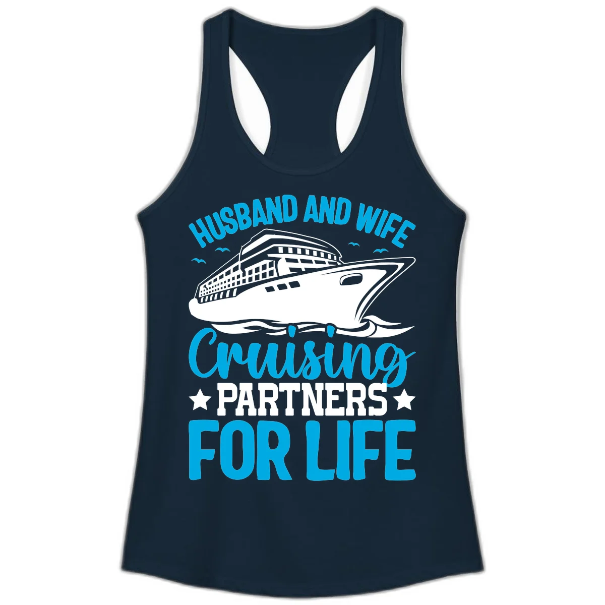 Husband And Wife Cruising Partners For Life Ladies Tank in Solid Midnight Navy