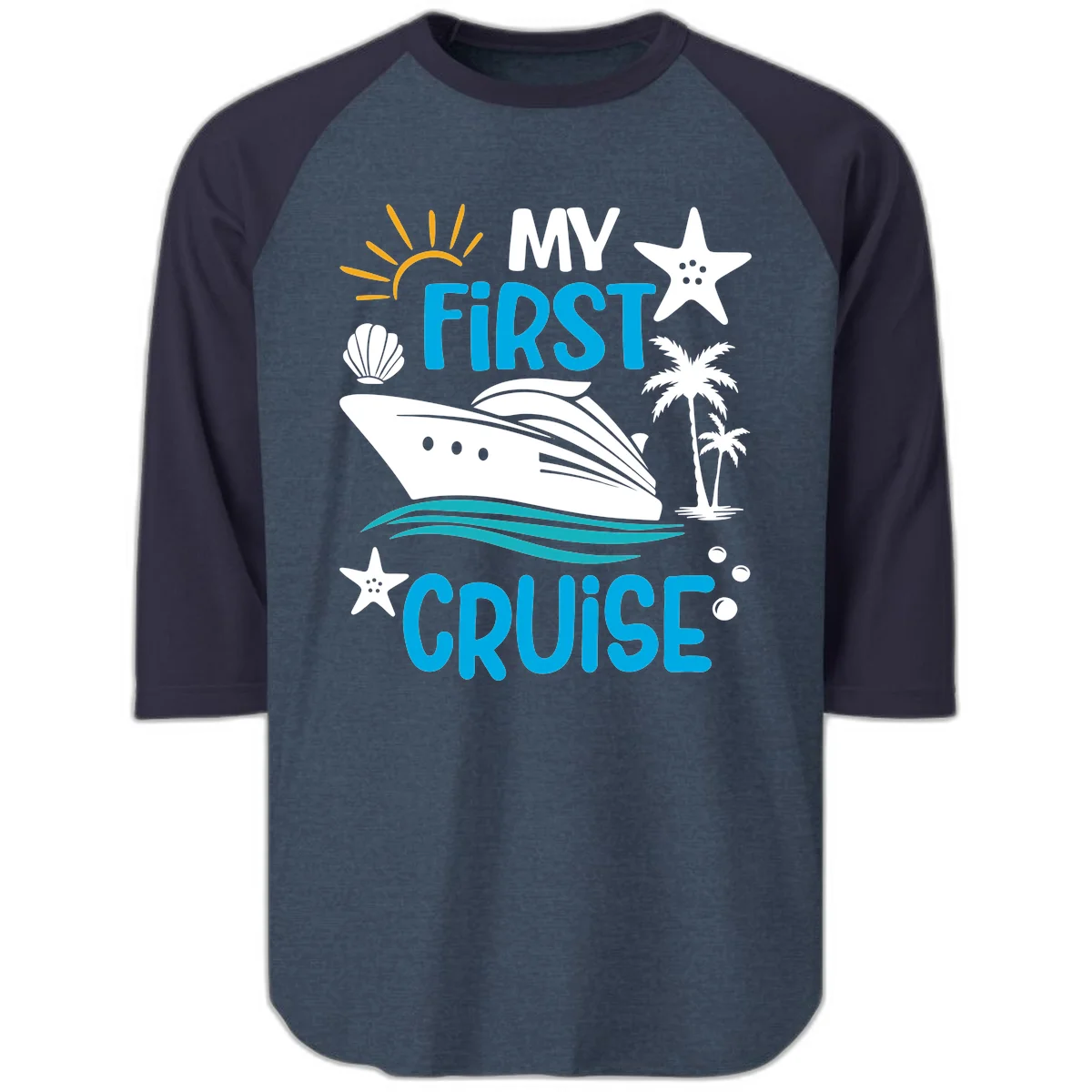 My First Cruise Raglan 3/4 Sleeve Tee in Heather Denim Navy