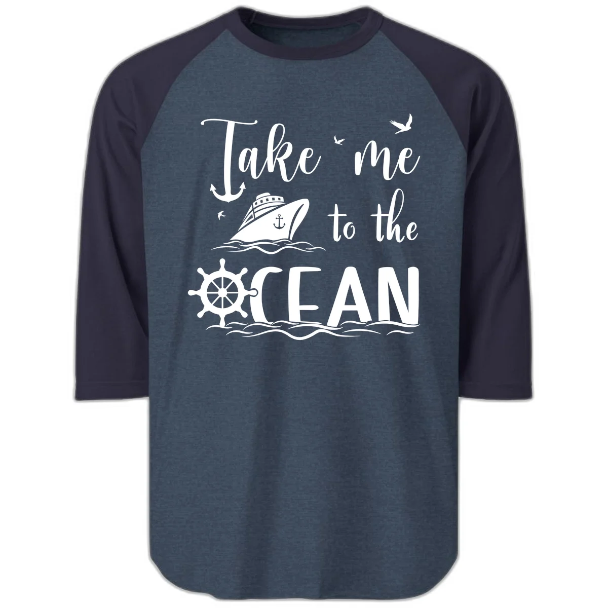 Take Me To The Ocean Raglan 3/4 in Heather Denim Navy