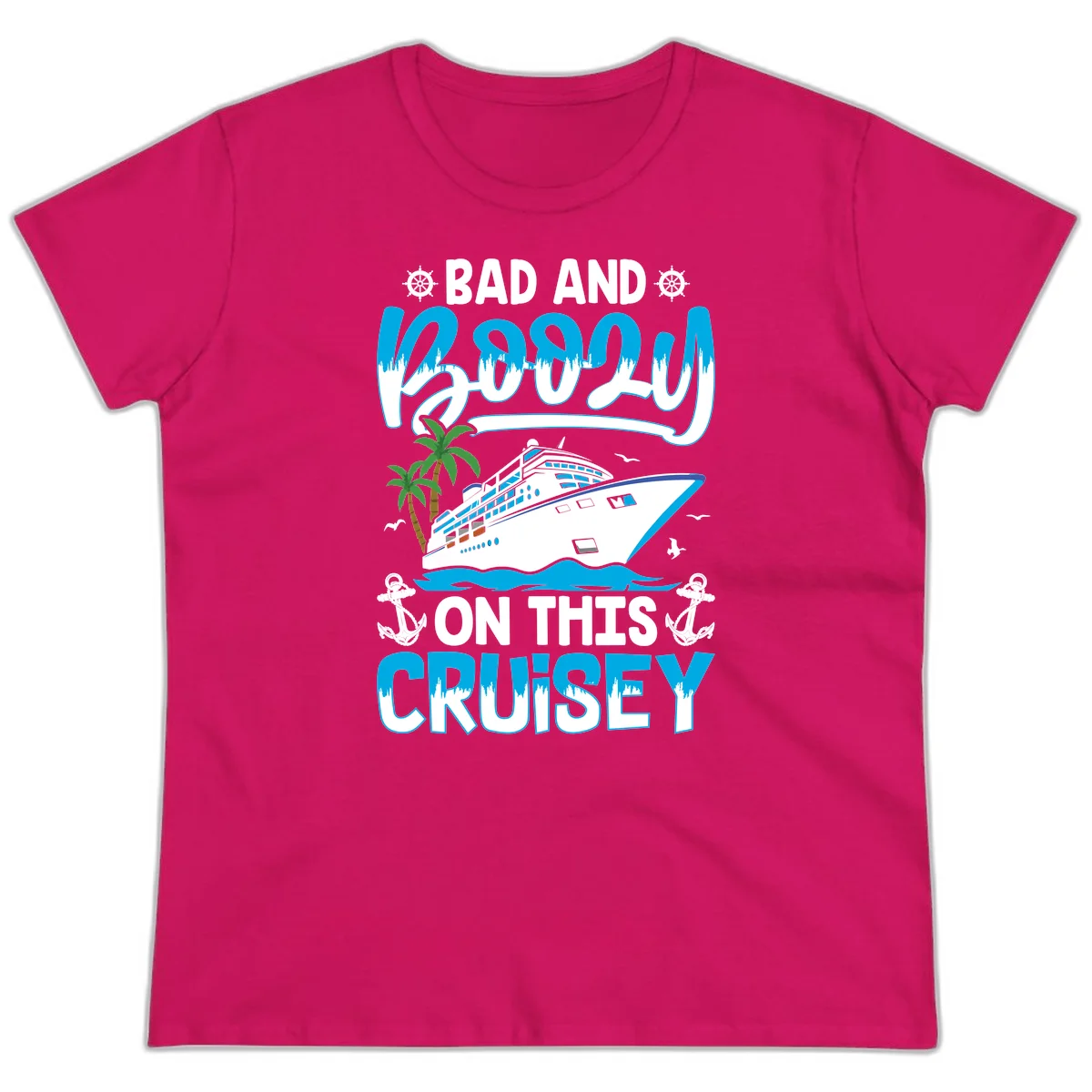 Bad And Saucy On This Cruise Ladies Tee in Heliconia