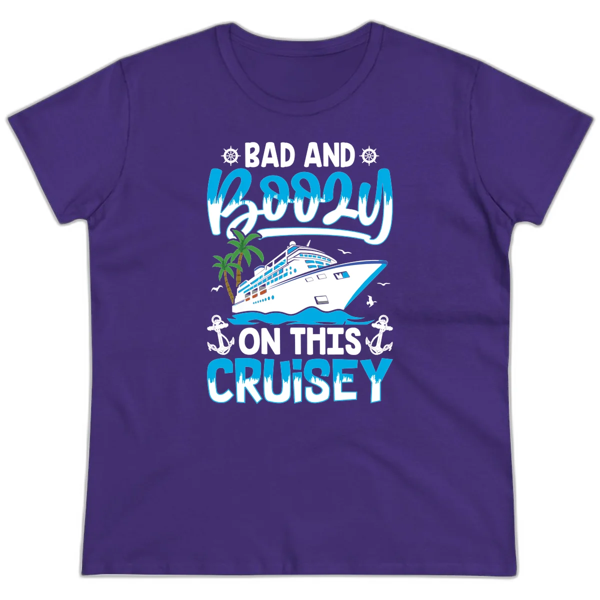 Bad And Saucy On This Cruise Ladies Tee in Purple