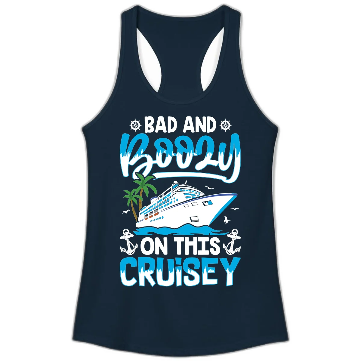 Bad And Saucy On This Cruise Ladies Tank in Solid Midnight Navy